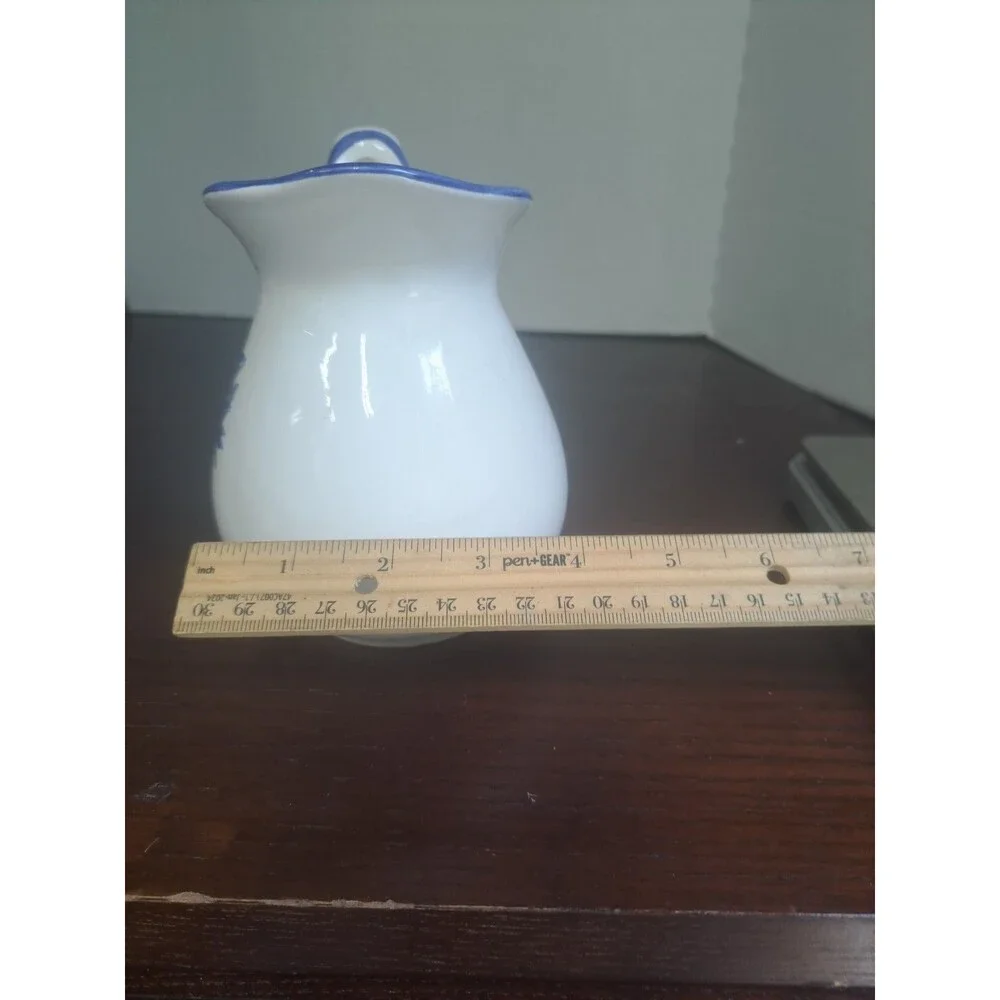 Hand Painted White Ceramic Pitcher Blue Flowers And Trim